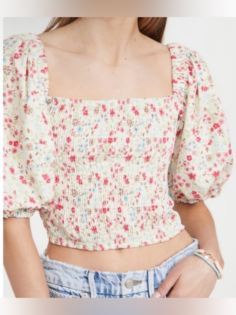 Sokie Collective White Puff Sleeve Greenwich Ditsy Floral Smocked Top Sz M
